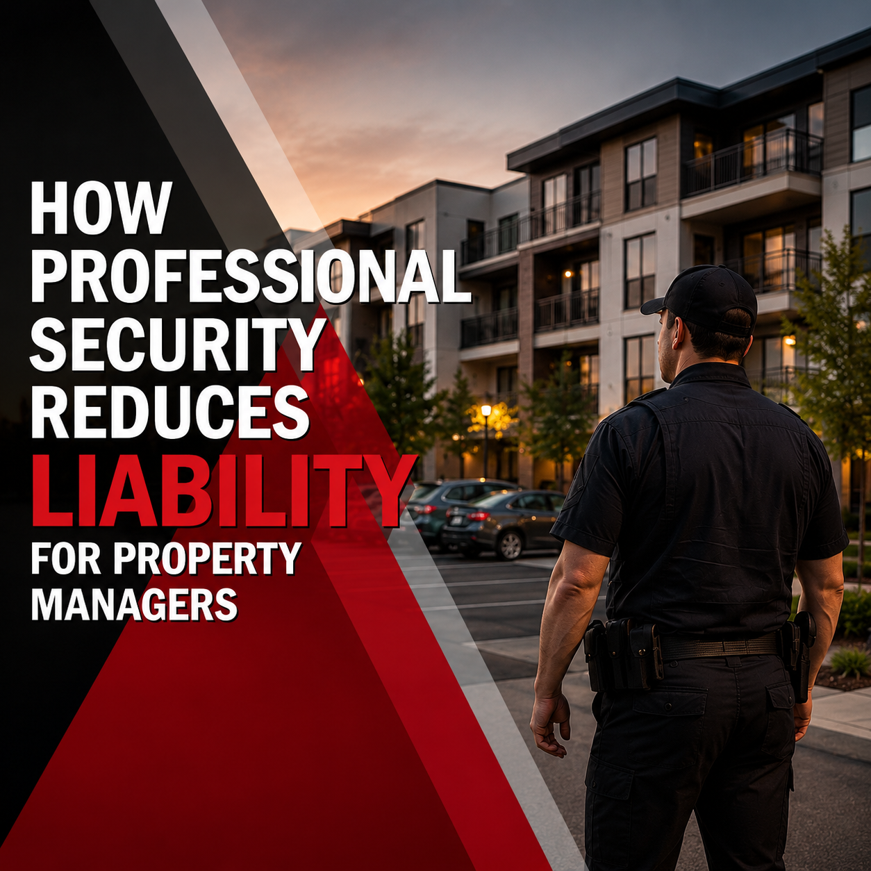 Professional security guard monitoring an apartment property with overlay text about reducing liability for property managers