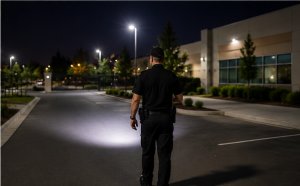 Property management security patrol monitoring entrances, parking areas, and exterior lighting