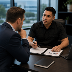 Security professional meeting with a business owner to discuss choosing qualified security officers and services.