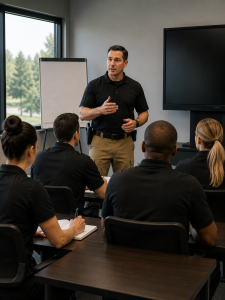 Security instructor providing professional training to security officers in a classroom setting.