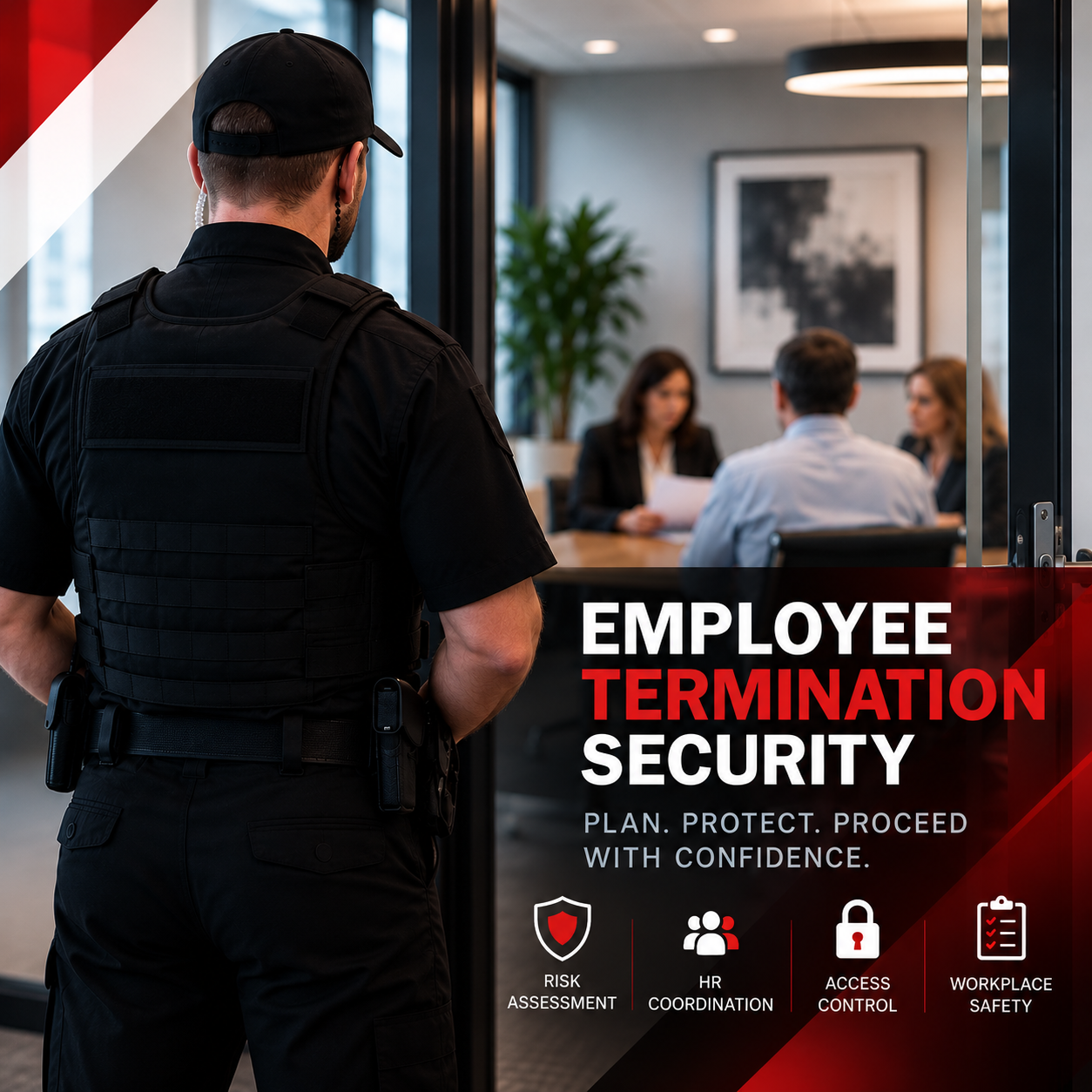 Security officer monitoring an employee termination meeting in a modern office, with an employee termination security overlay highlighting risk assessment, HR coordination, access control, and workplace safety.