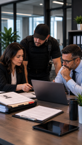 HR, management, and a security officer review employee records and access information while preparing an employee termination security plan before the meeting.