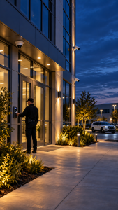 Security guard using access control at a well-lit commercial building at night with surveillance cameras and a patrol vehicle, illustrating layered after hours security.
