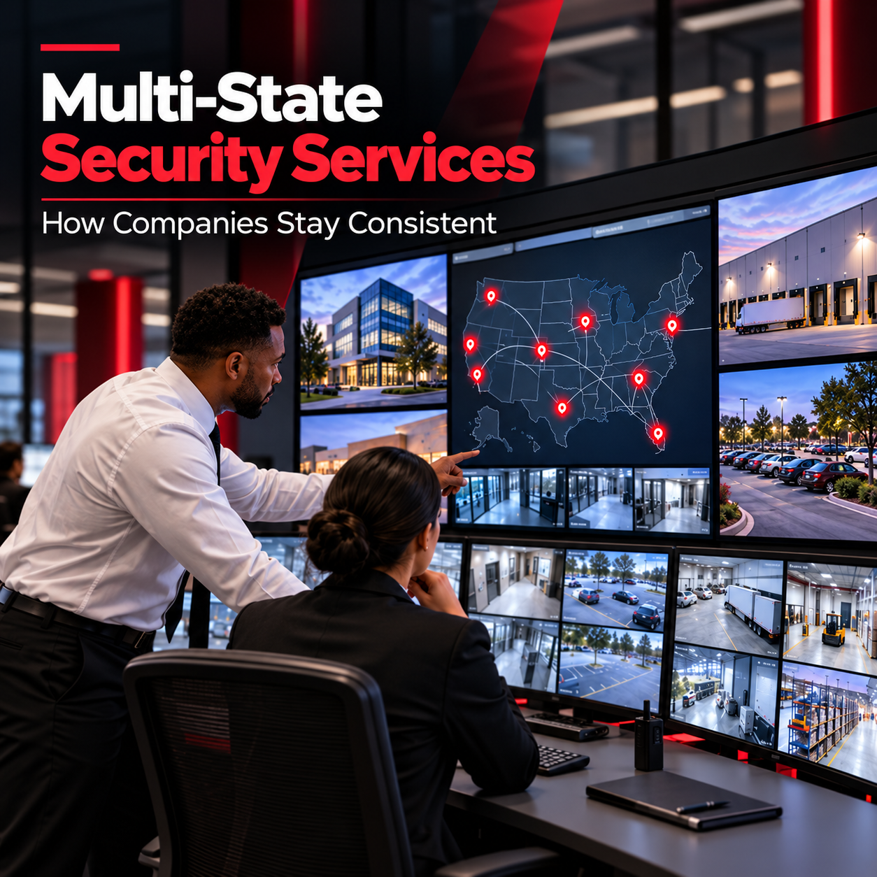 Multi-state security services coordinating consistent protection across multiple business locations
